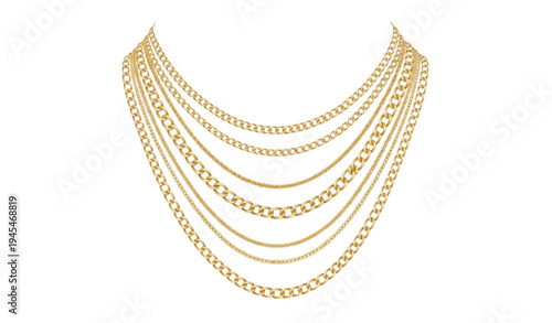 A gold multi-strand chain necklace on a white background