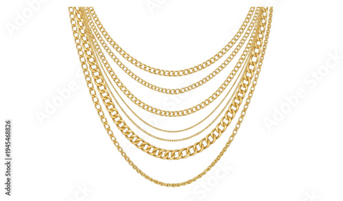 A gold chain necklace with multiple layered chains on a white background