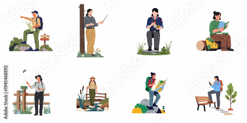 Set of vector illustrations featuring women in park ranger and outdoor adventure roles, including hiking, navigating with maps, and exploring nature.