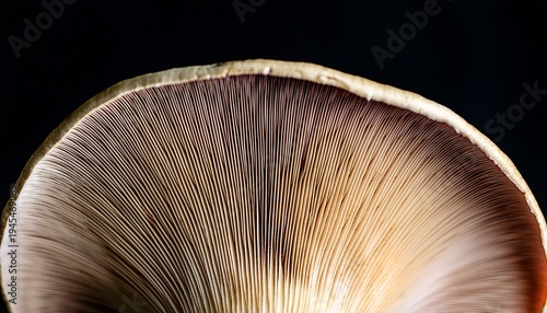 view of the bottom of oyster mushroom looking at gills under the cap with a black background closeup
