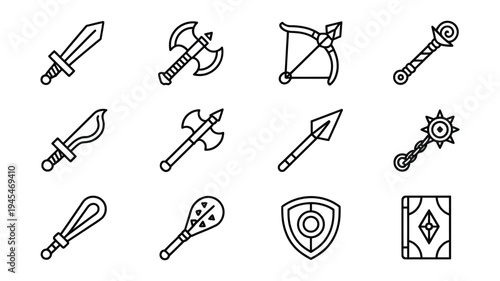 fantasy rpg weapon line icons, medieval game armory set with sword, axe, bow, shield, staff, mace, and magic spellbook, minimalist vector outline for role playing adventure equipment and war gear desi