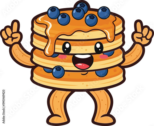Vector  illustration of Happy cartoon pancake stack with blueberries and syrup character isolated on transparent background