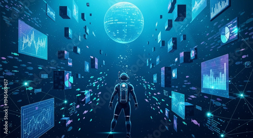 Digital explorer in a futuristic data world, immersed in holographic analytics, embodying virtual intelligence concepts and technological insight