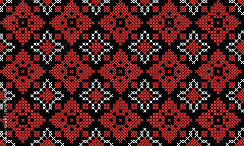 Seamless Ukrainian embroidery pattern with red and black cross stitch ornament on white background. Traditional folk design inspired by vyshyvanka needlework, perfect for textile, fabric, wallpaper