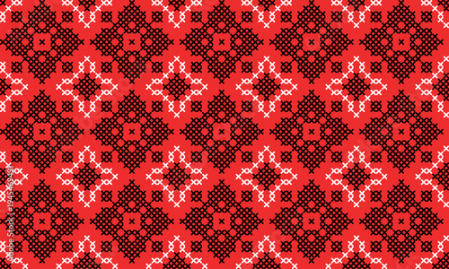 Seamless Ukrainian embroidery pattern with red and black cross stitch ornament on white background. Traditional folk design inspired by vyshyvanka needlework, perfect for textile, fabric, wallpaper