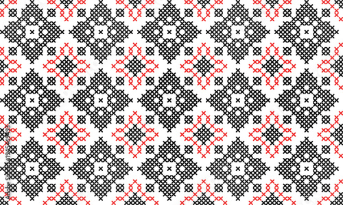Seamless Ukrainian embroidery pattern with red and black cross stitch ornament on white background. Traditional folk design inspired by vyshyvanka needlework, perfect for textile, fabric, wallpaper