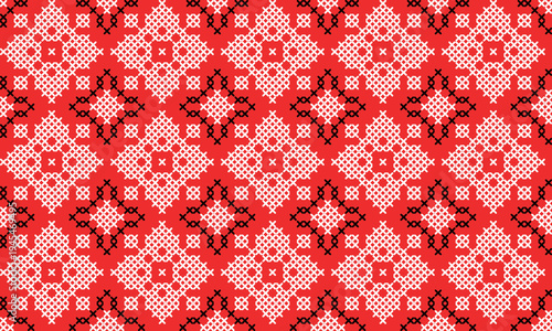 Seamless Ukrainian embroidery pattern with red and black cross stitch ornament on white background. Traditional folk design inspired by vyshyvanka needlework, perfect for textile, fabric, wallpaper