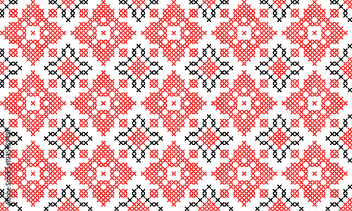 Seamless Ukrainian embroidery pattern with red and black cross stitch ornament on white background. Traditional folk design inspired by vyshyvanka needlework, perfect for textile, fabric, wallpaper