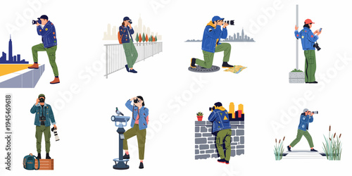 Set of vector illustrations featuring photographers in various urban and natural settings, capturing moments with professional cameras and equipment.