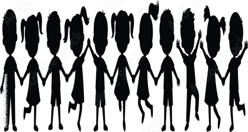 Silhouette children holding hands in playful poses, boys and girls standing together, jumping, raising arms, showing unity, friendship, joy, and childhood diversity