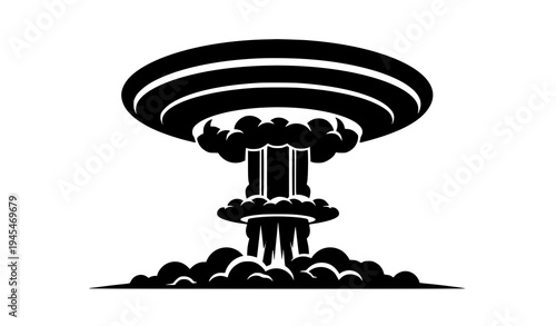 Nuclear explosion mushroom cloud vector icon black silhouette symbolizing atomic bomb destruction isolated on transparent background