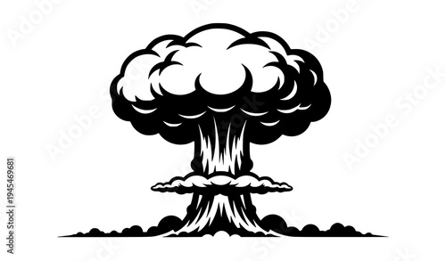 Atomic bomb mushroom cloud black silhouette vector illustration representing nuclear destruction isolated on transparent background