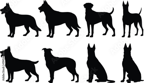 Eight Dog Breed Silhouettes in Various Poses on a White Background canine black