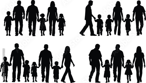 Silhouette family groups walking together, adults and children holding hands, showing unity, love, diversity, parenting, relationships, childhood, and social connection themes