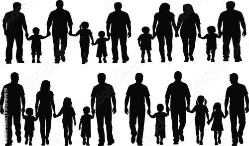 Silhouette family groups with adults and children holding hands, walking together, showing unity, love, parenting, diversity, relationships, and social connection themes