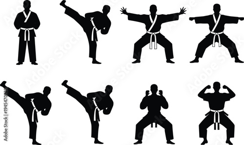 Silhouette Collection Of Karate Martial Arts Poses With White Belts On White Background fighter kick