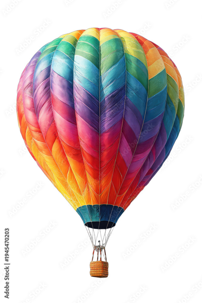 Fototapeta premium A vibrant rainbow-colored hot air balloon floats against a transparent background