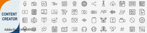 content creator and social media outline icons, video marketing vector set