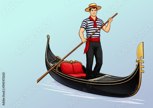 072-38-Smiling gondolier standing in a black historic gondola, holding a long wooden oar