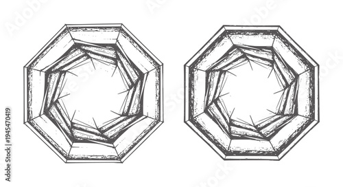 Two faceted octagonal geometric shapes with rough textured shading
