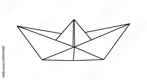 origami boat line art, black outline vector, folded paper boat, minimal geometric origami illustration, clean stroke