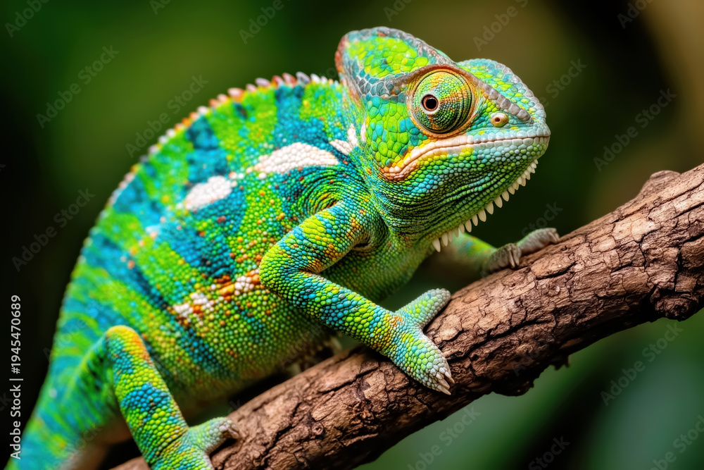 Obraz premium Captivating Close-up of a Vibrant Green and Blue Veiled Chameleo
