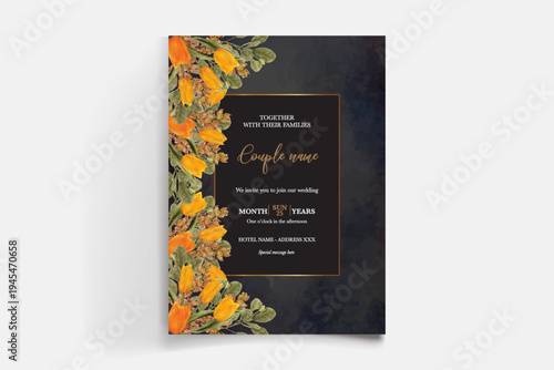 WEDDING INVITATION FRAME WITH FLOWER DECORATIONS AND FRESH LEAVES