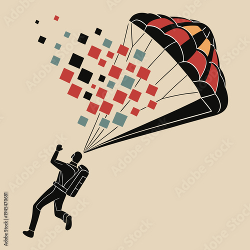 A person skydiving with a parachute and colorful squares falling