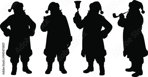 Silhouettes of four Santa Claus figures holding objects on a white background Christmas holiday