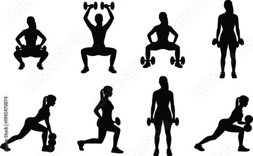 Silhouettes Of Women Performing Dumbbell Exercises On A White Background woman fitness