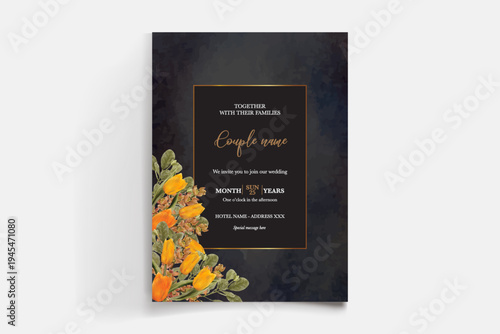 WEDDING INVITATION FRAME WITH FLOWER DECORATIONS AND FRESH LEAVES