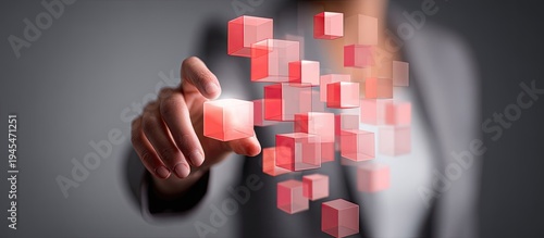 Businesswoman Touching Red Digital Cubes Virtual Interface in Modern Office