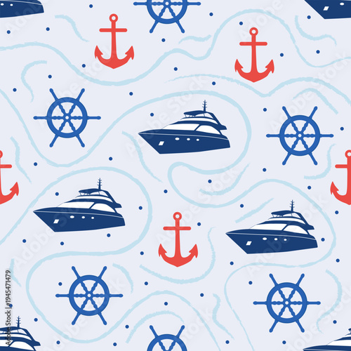 Seamless marine pattern with yacht, anchor and steering wheel on a light blue background