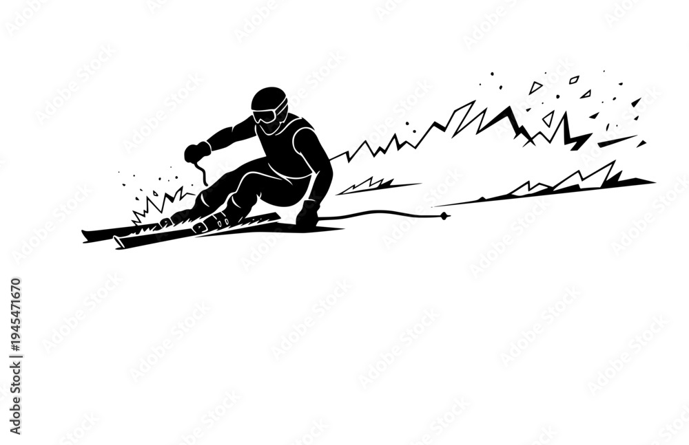 Fototapeta premium Para Alpine Skier Sit-Ski Silhouette, Winter Paralympic Games Vector Sticker, Adaptive Sports Athlete Action Illustration
