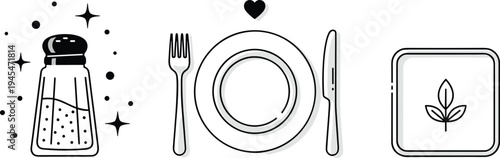 Restaurant table setting line icon vector illustration, plate fork knife salt shaker and healthy food tray minimal dining symbols