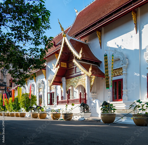Exterior of City Pillar Shrine San Lak Mueang in Chiang Mai Thailand. Historic temple with traditional architecture, sacred cultural landmark and popular travel destination in northern Thailand.