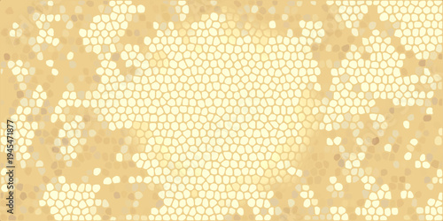 Golden hexagonal mosaic pattern background, abstract geometric honeycomb texture with glowing dots and digital mesh tech