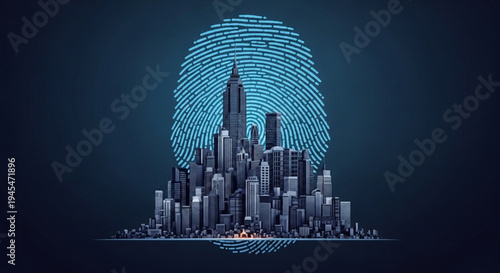 Futuristic city skyline silhouette inside a digital fingerprint, symbolizing identity and urban technology