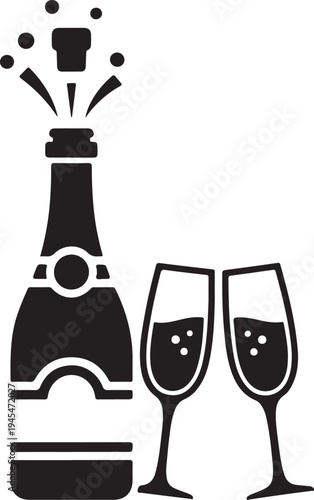 Celebration with champagne bottle and two glasses popping cork silhouette vector icon