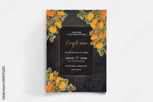 WEDDING INVITATION FRAME WITH FLOWER DECORATIONS AND FRESH LEAVES