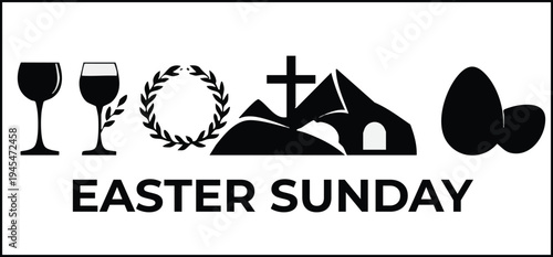 Easter sunday celebration icons with cross church egg and wine glasses