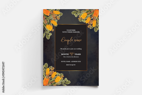 WEDDING INVITATION FRAME WITH FLOWER DECORATIONS AND FRESH LEAVES
