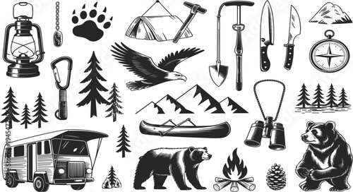 Vintage Camping and Wilderness Adventure Icons Collection retro
