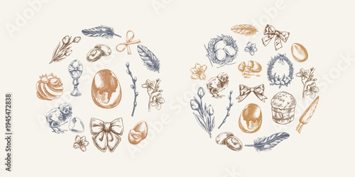 Hand drawn vintage easter decorative sets with egg chick feather ribbon flower branch engraved illustration