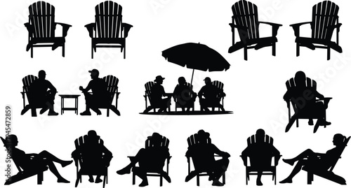 Adirondack chair silhouettes collection, people relaxing outdoor seating, patio garden furniture set, leisure lifestyle illustration, beach chair icons
