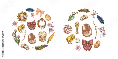 Hand drawn vintage easter decorative sets with egg chick feather ribbon flower branch colored illustration