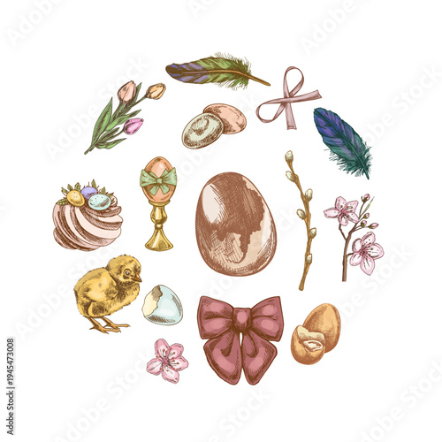 Hand drawn vintage easter decorative set with egg chick feather ribbon flower branch colored illustration