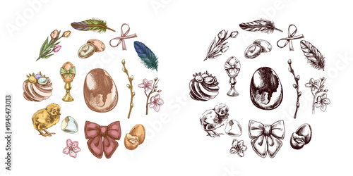 Hand drawn vintage easter decorative set with egg chick feather ribbon flower branch illustration collection