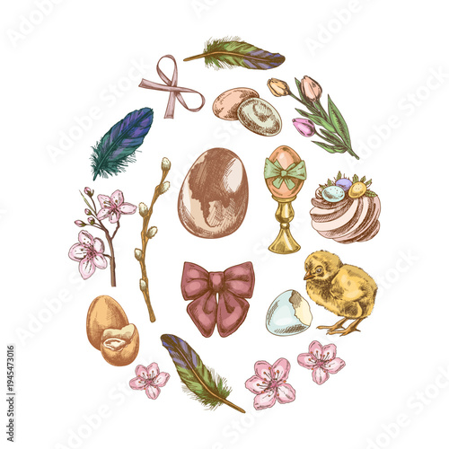 Hand drawn vintage easter decorative set arranged in egg shape with chick feather ribbon illustration