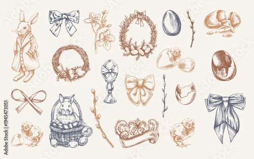 Hand drawn vintage easter illustration set with rabbit eggs chick wreath ribbon bow spring decoration elements